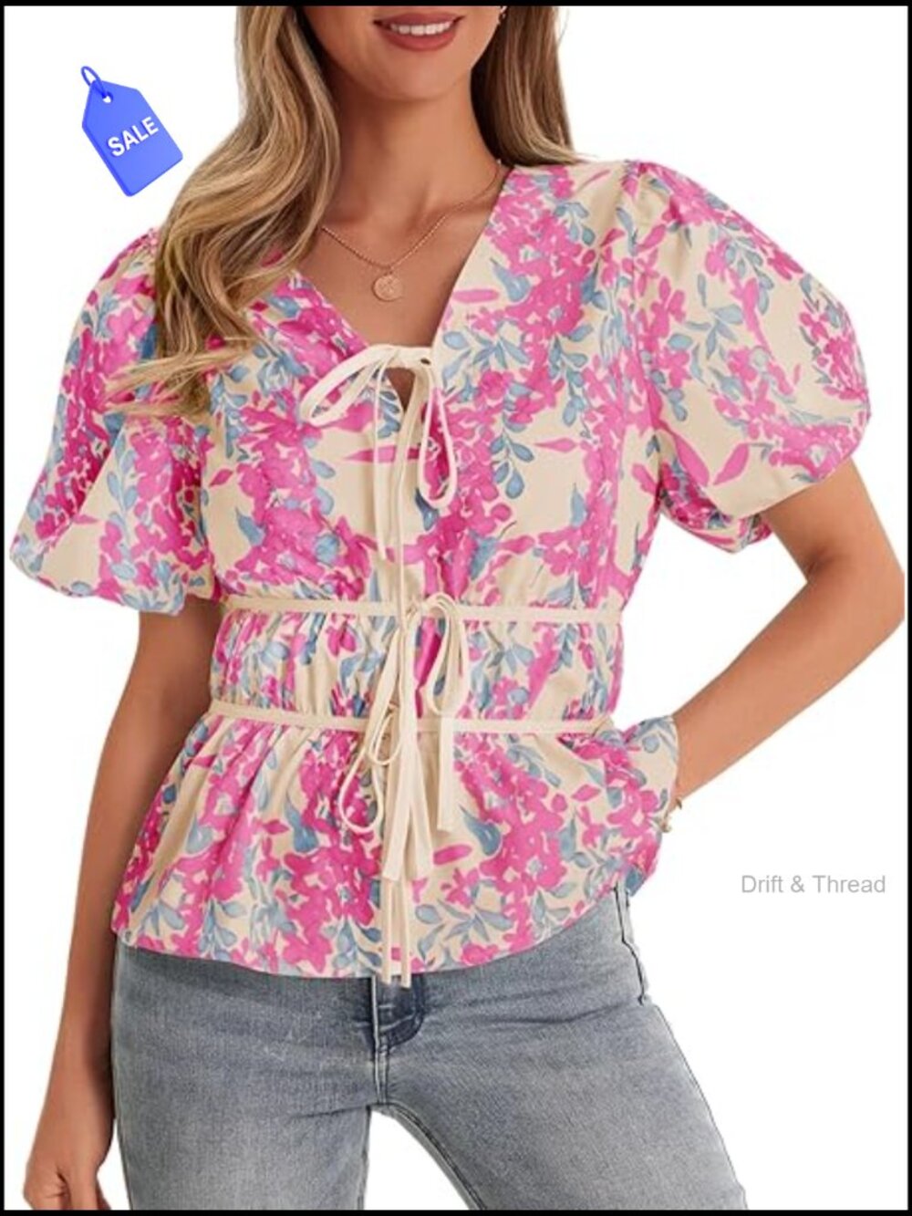Puff Sleeve Tie Front Peplum Blouse Floral Print V Neck Top